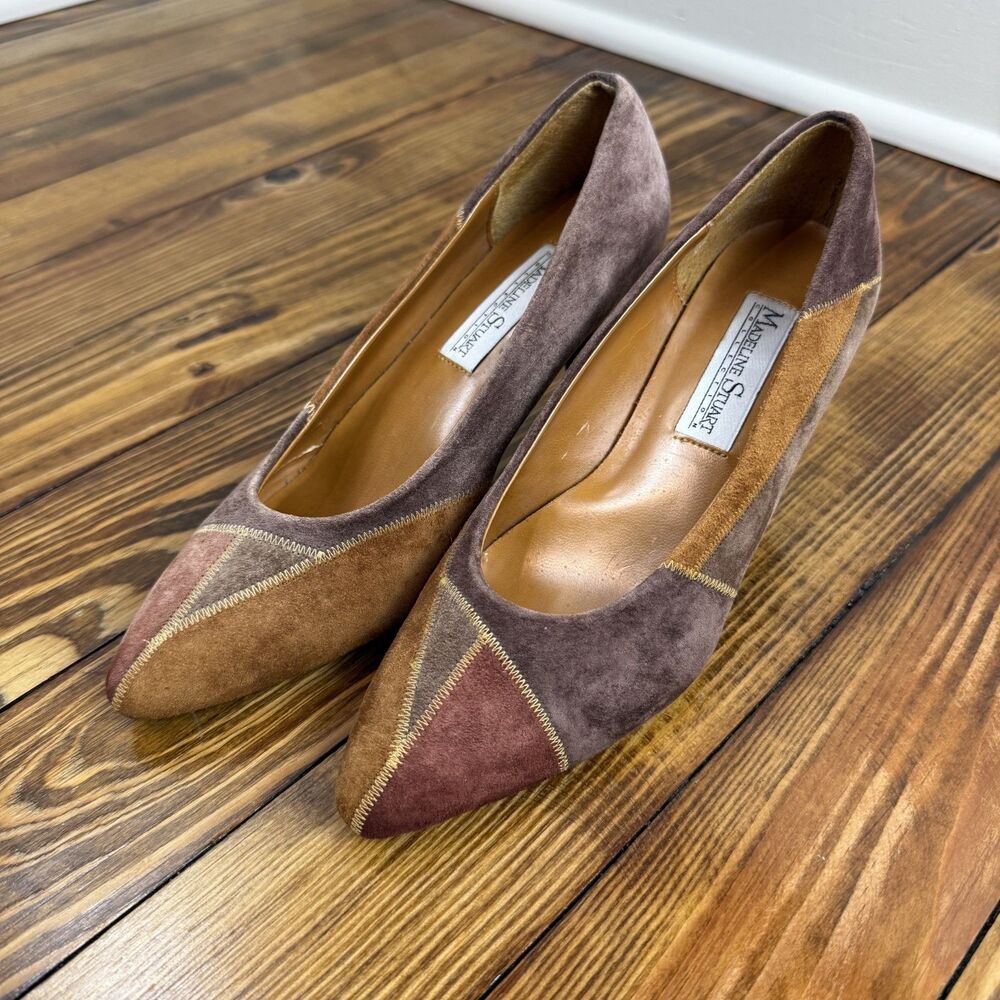 Vintage Patchwork Suede Heels | Brown Neutral Pointed-Toe Pumps Size 8 - 8.5